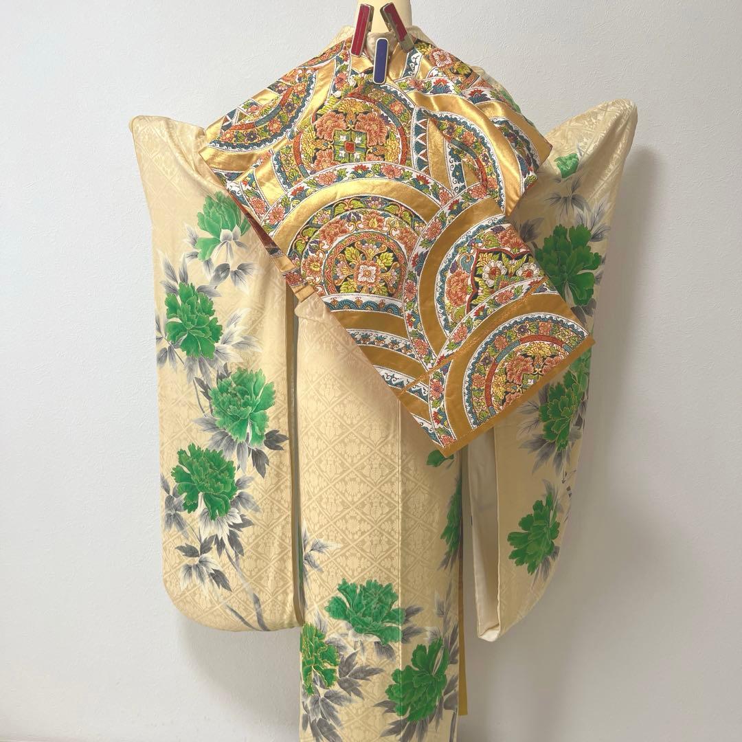 398 振袖フルセット 正絹 クリーム グリーン 緑 黄 金彩 手描き 駒刺繍