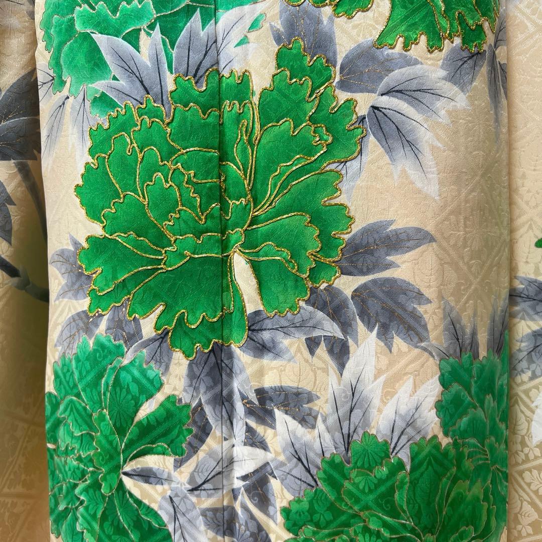 398 振袖フルセット 正絹 クリーム グリーン 緑 黄 金彩 手描き 駒刺繍