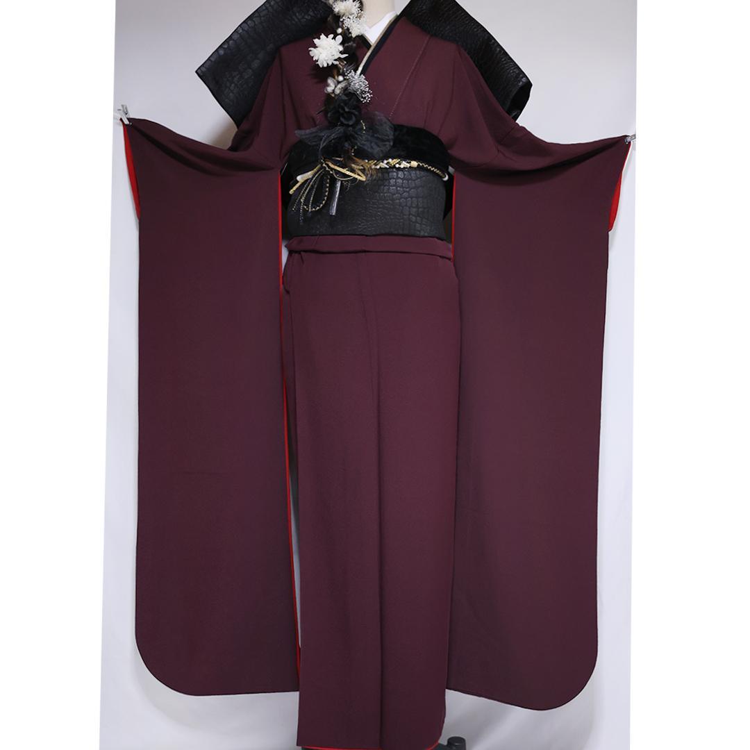 【美品】無地振袖3点セット ◆トールサイズ170.5cmエンジRa58