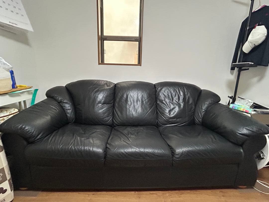 【ハル】黒本革レザー　3人掛けソファ