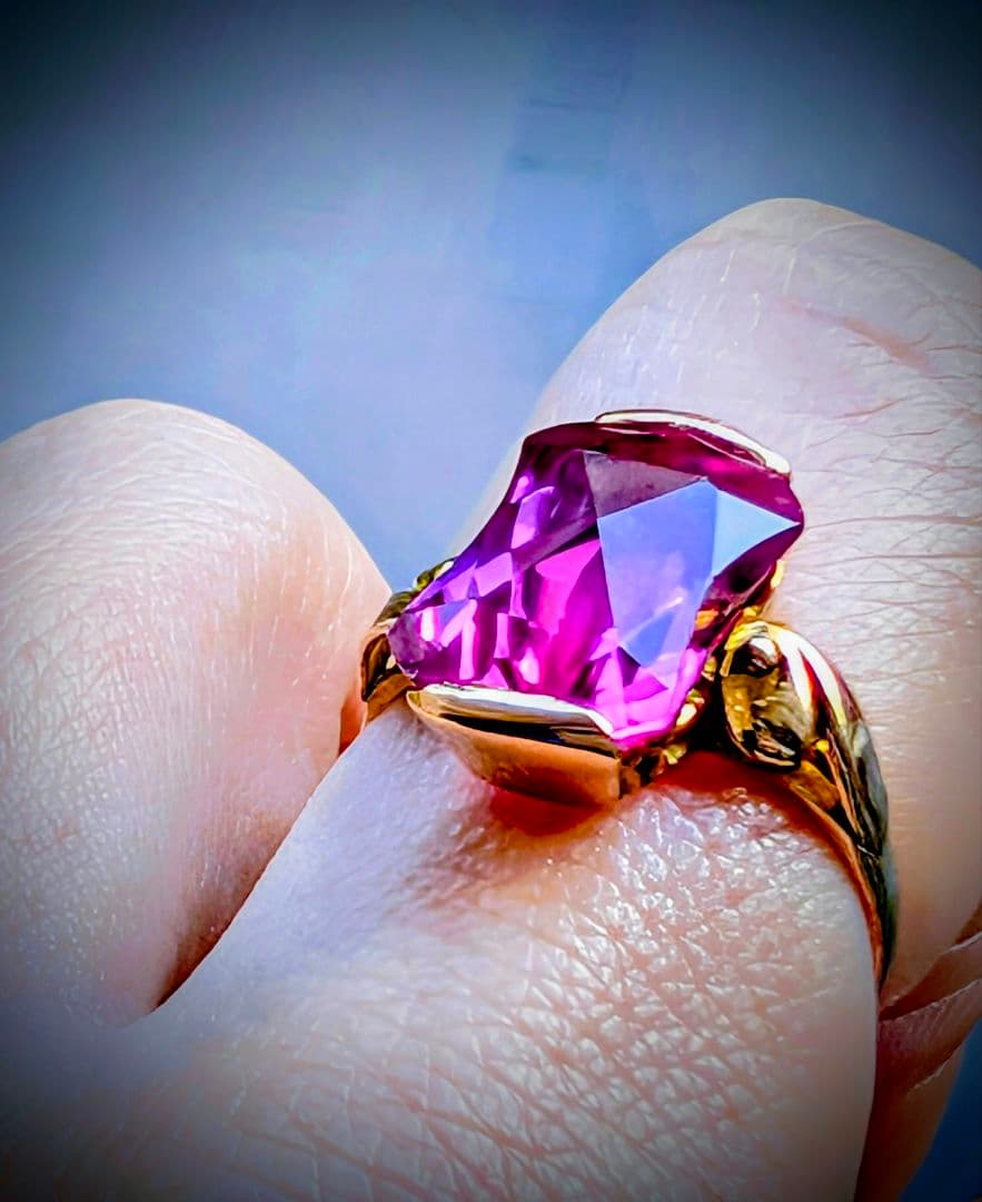 け*い様 レアカット✨️K18 昭和ヴィンテージ 合成サファイアリング 10号