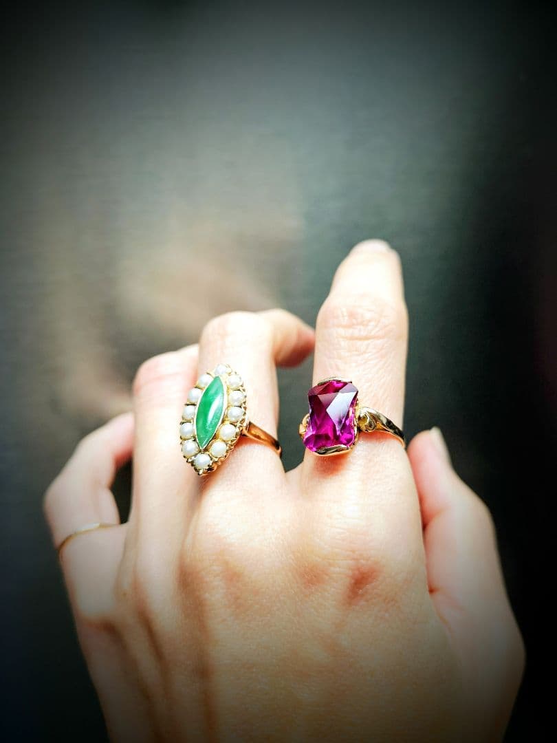 け*い様 レアカット✨️K18 昭和ヴィンテージ 合成サファイアリング 10号