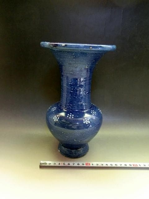 花瓶■青釉七点花文口広瓶 古い花器 花生け 染付 古玩 唐物 時代物 骨董品■