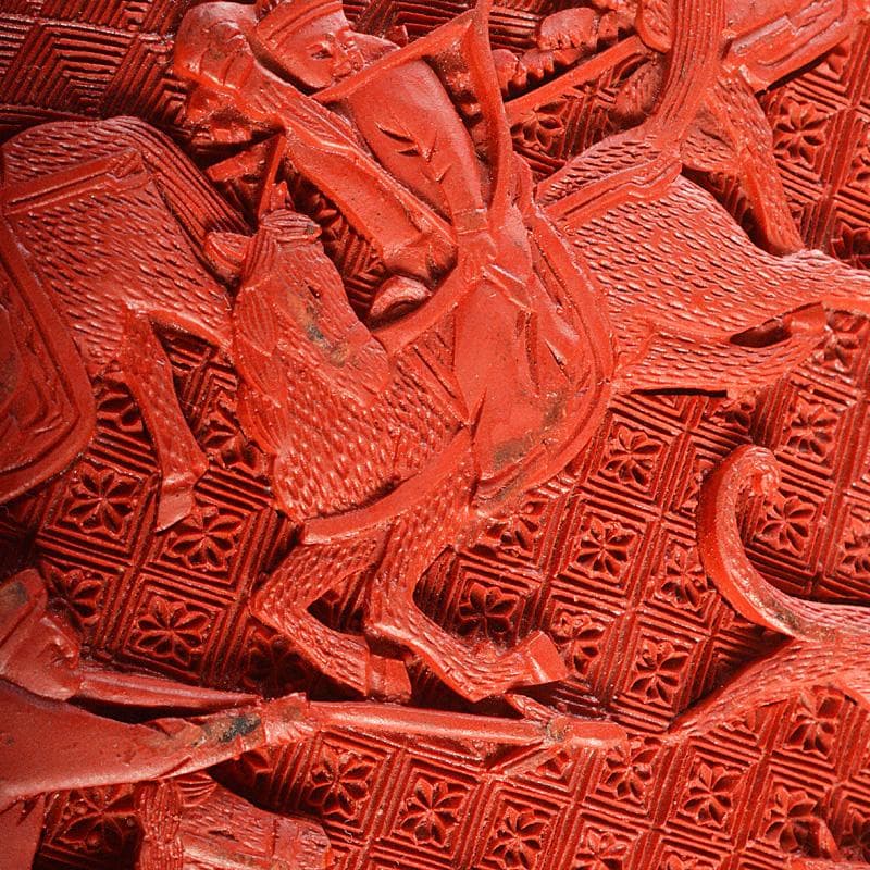 中国　堆朱風　山水人物文　蓋物　V　6442