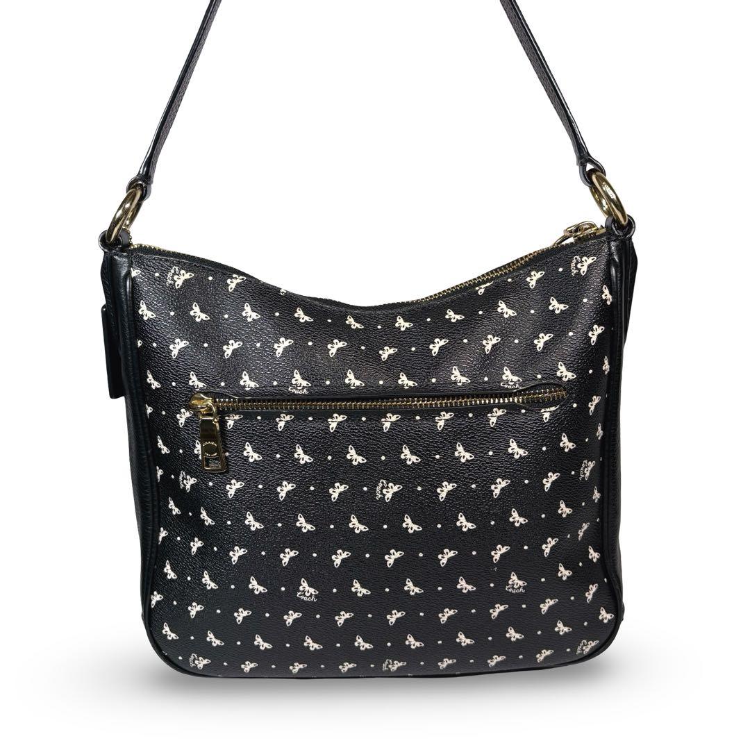 美品 COACH コーチ ショルダーバッグ 花柄 レザー 本革 黒