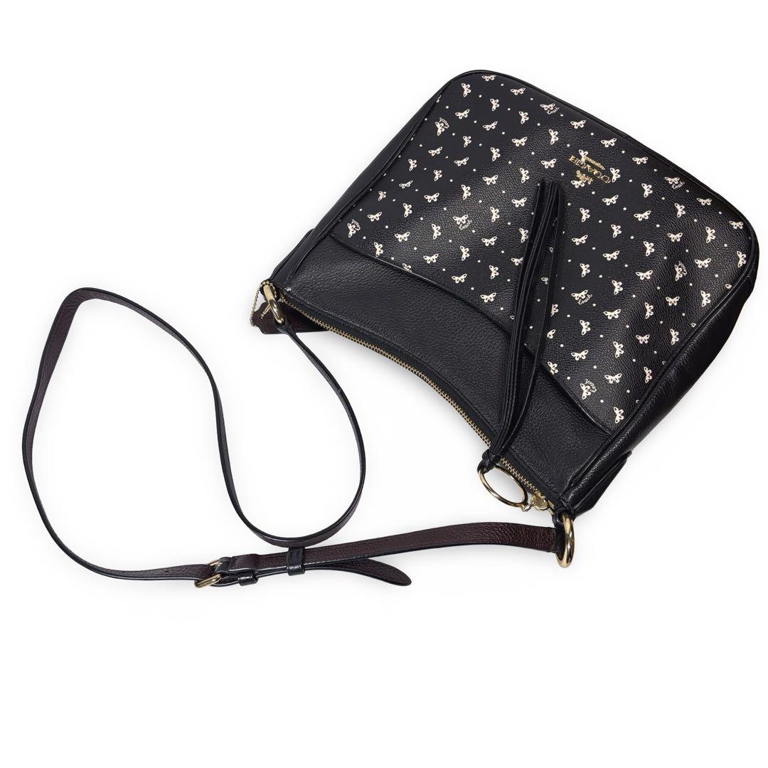 美品 COACH コーチ ショルダーバッグ 花柄 レザー 本革 黒