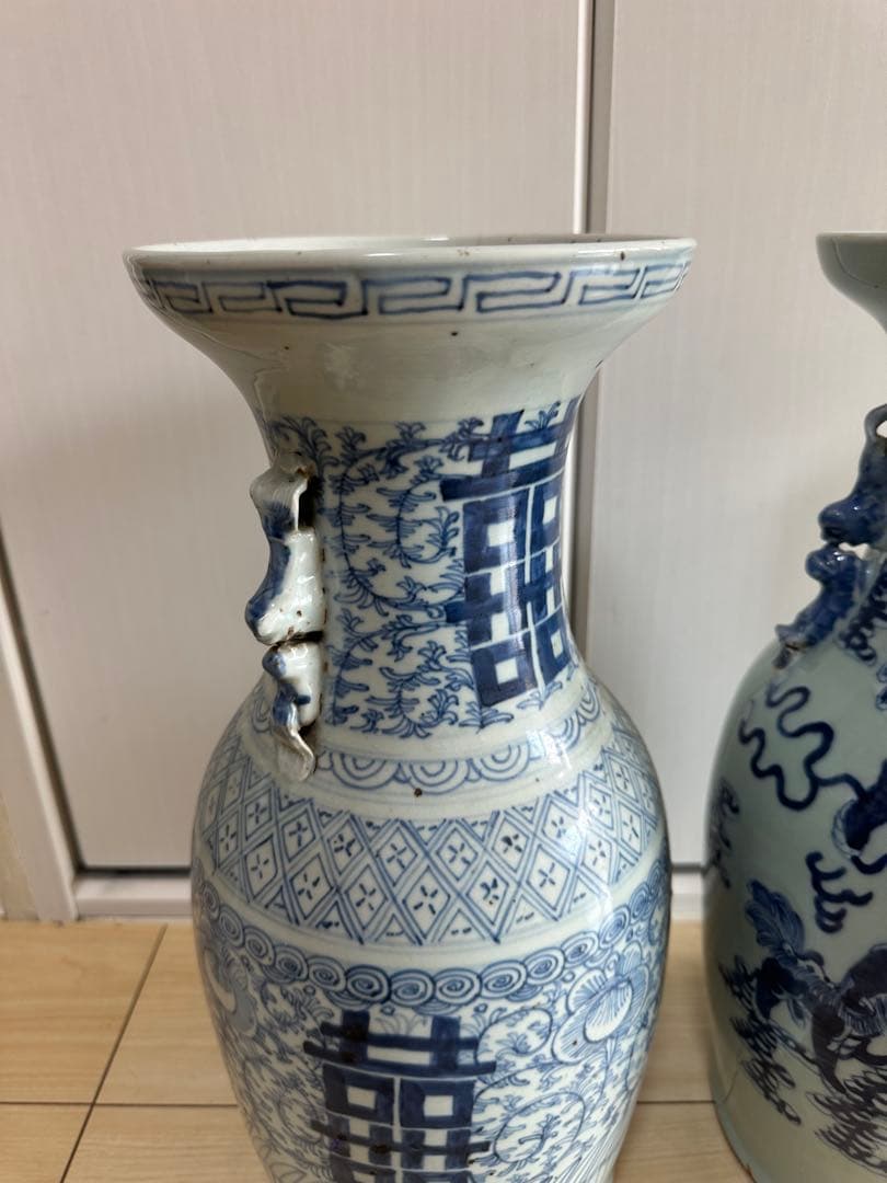 清時代　染付大花瓶　青華 獅子　骨董古美術