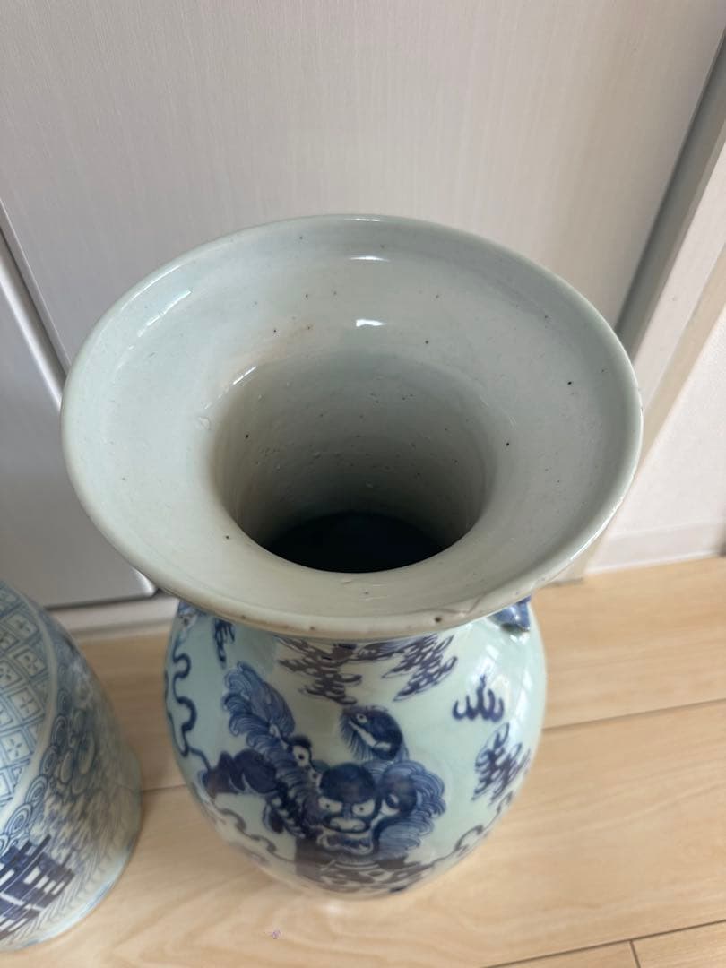 清時代　染付大花瓶　青華 獅子　骨董古美術