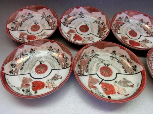 皿■九谷人物赤絵 9客 松梅 古九谷（江戸期）小皿 豆皿 古美術 時代物 骨董■