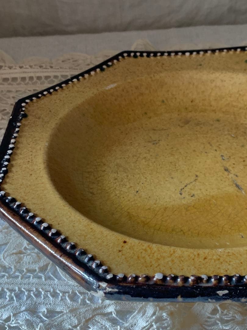 フランスアンティーク 南仏陶器 アプト焼 オクトゴナルプレート　深皿 黄釉