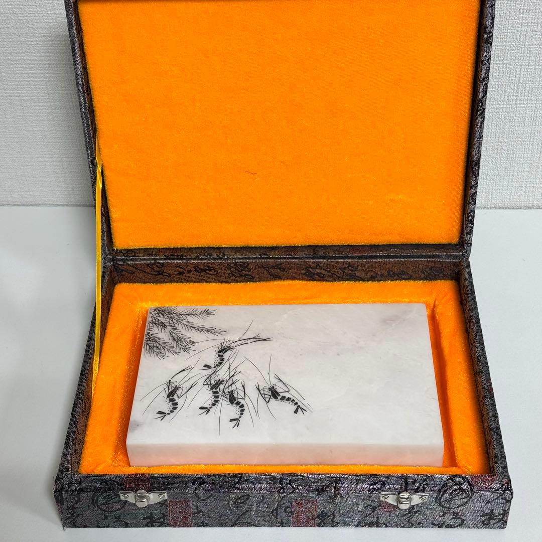 【希少】中国美術 斉白石 模写「蝦（エビ）」図 大理石 飾り石 豪華化粧箱入り