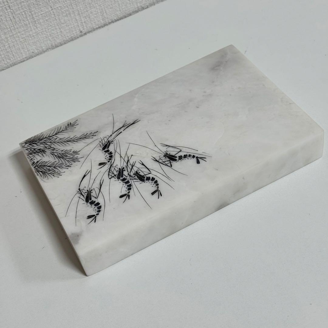 【希少】中国美術 斉白石 模写「蝦（エビ）」図 大理石 飾り石 豪華化粧箱入り