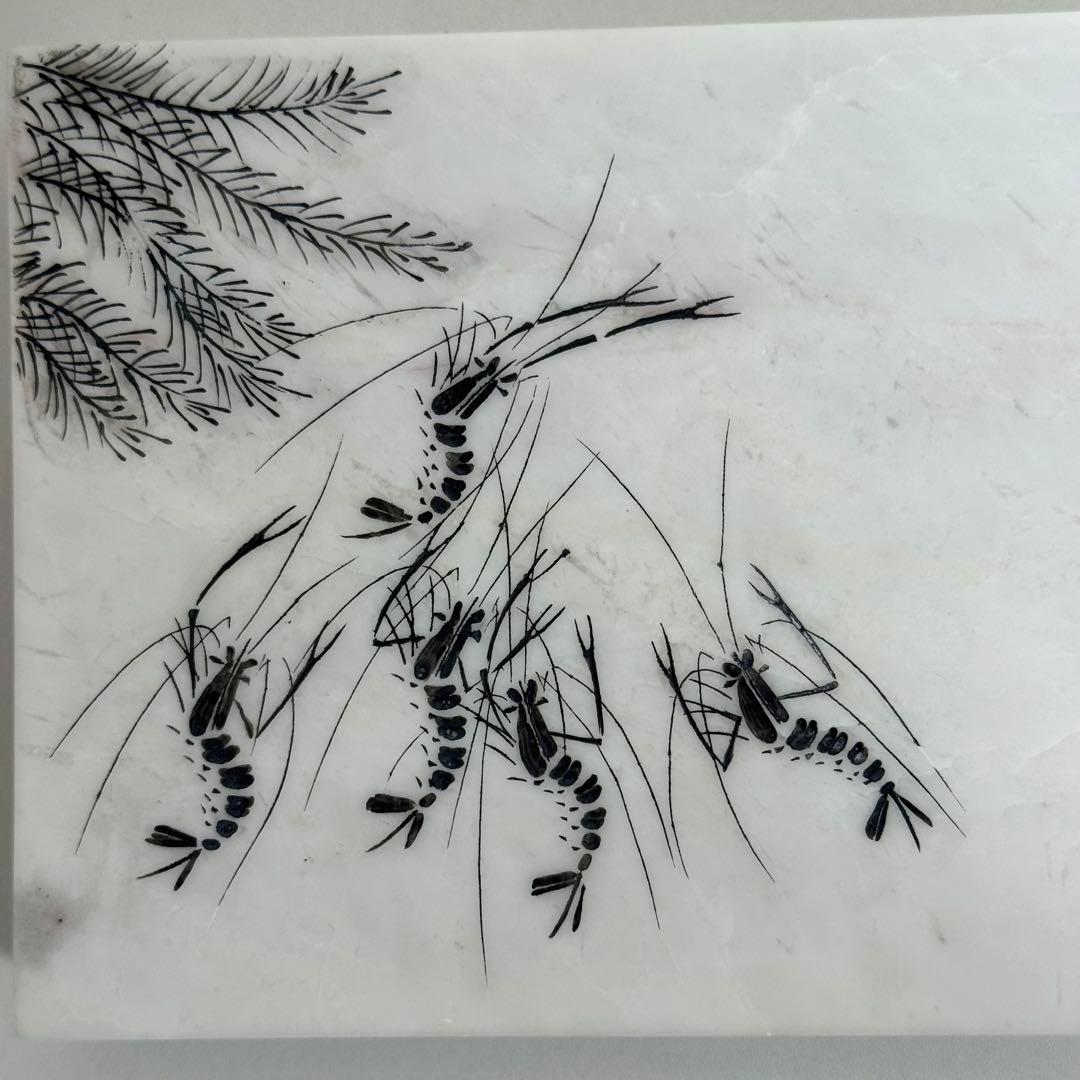 【希少】中国美術 斉白石 模写「蝦（エビ）」図 大理石 飾り石 豪華化粧箱入り