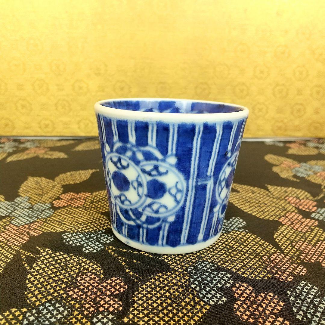 【お値下げしました！】古伊万里　そば猪口　染付　格子　鼓文