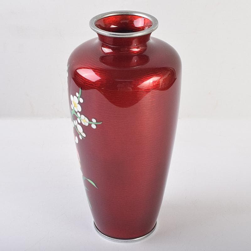 七宝焼　赤透釉　四君子文　花瓶　M　R9121