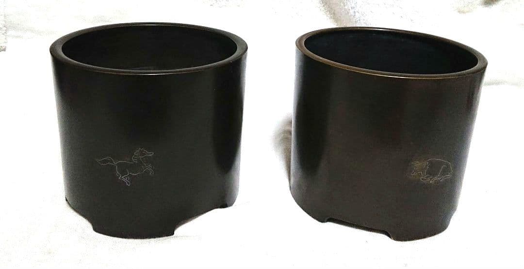 銅製火入れ2個セット 動物彫刻付きA448