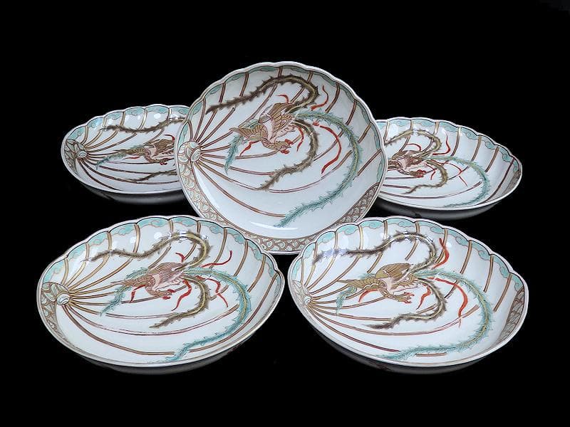 古伊万里　金襴手　鳳凰の図　鮑型変形皿　５客　E941AS-CRr