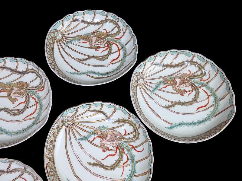 古伊万里　金襴手　鳳凰の図　鮑型変形皿　５客　E941AS-CRr