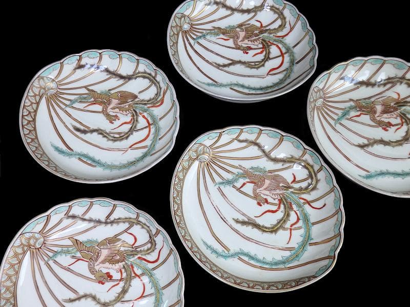 古伊万里　金襴手　鳳凰の図　鮑型変形皿　５客　E941AS-CRr