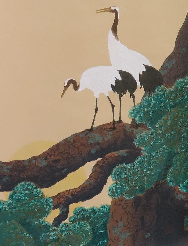 ●工芸掛軸●　川合玉堂　『松上双鶴』　限定300部　【木版画　川合三男監修】