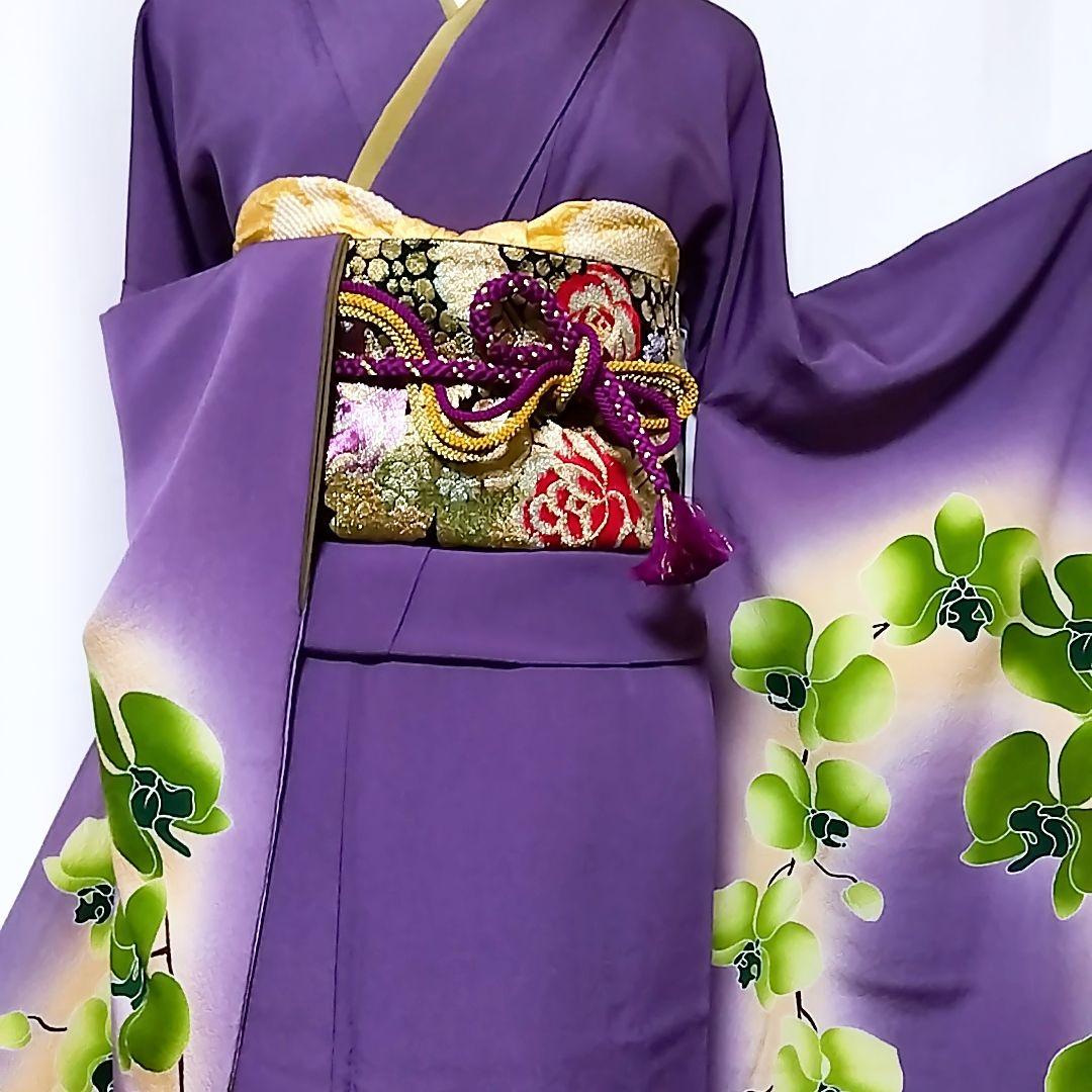 辻村ジュサブロー 寿三郎 胡蝶蘭 振袖 紫 セット 袋帯　刺繍