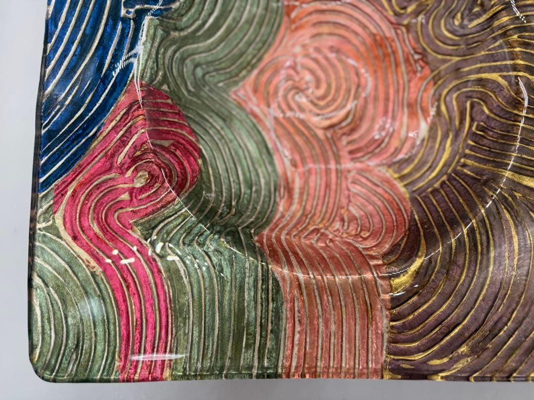 坂田甚内作　ガラス金彩波紋四方皿　名人作　送料込み250606