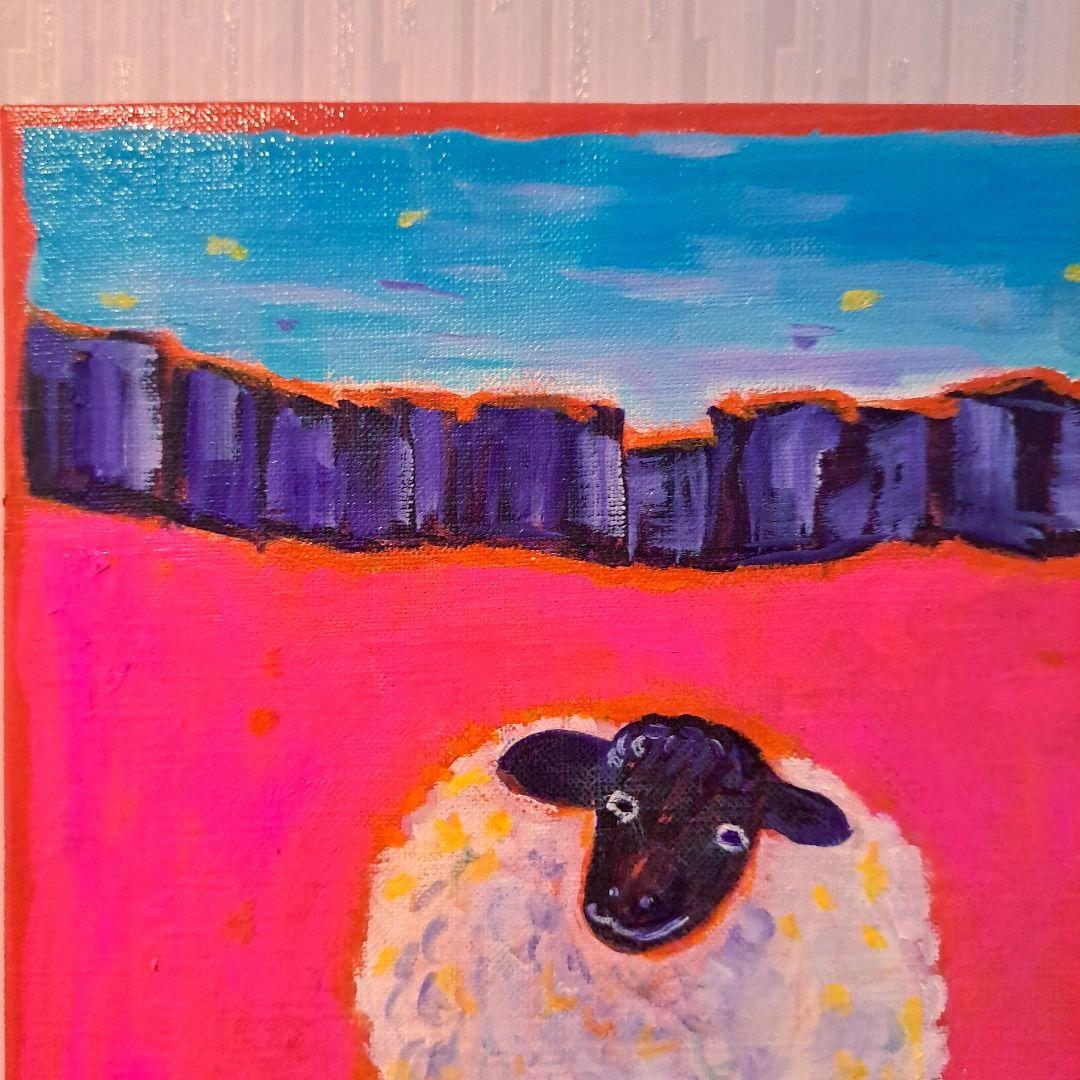 キャンバス油絵　専用　 旅をするサフォーク羊岩山を越えて　小さめキャンバス