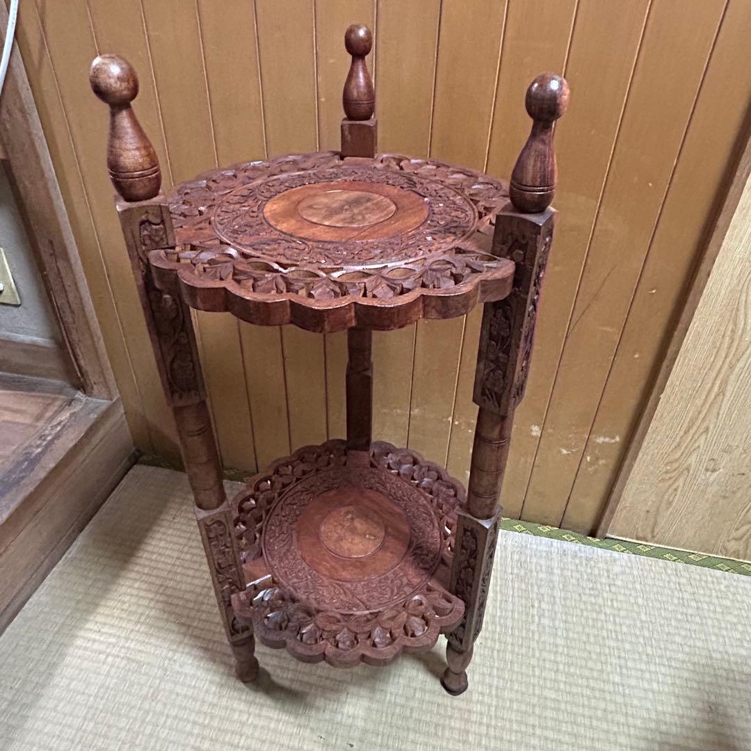 木製2段シェルフ【象嵌細工•彫刻透し彫り】サイドテーブル　飾り棚　花台　アジアン