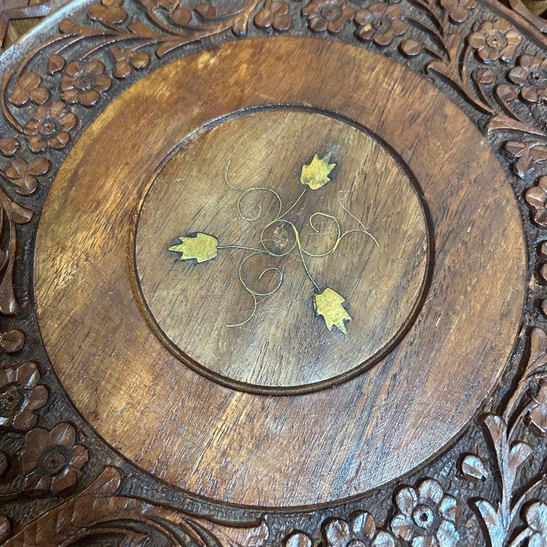 木製2段シェルフ【象嵌細工•彫刻透し彫り】サイドテーブル　飾り棚　花台　アジアン