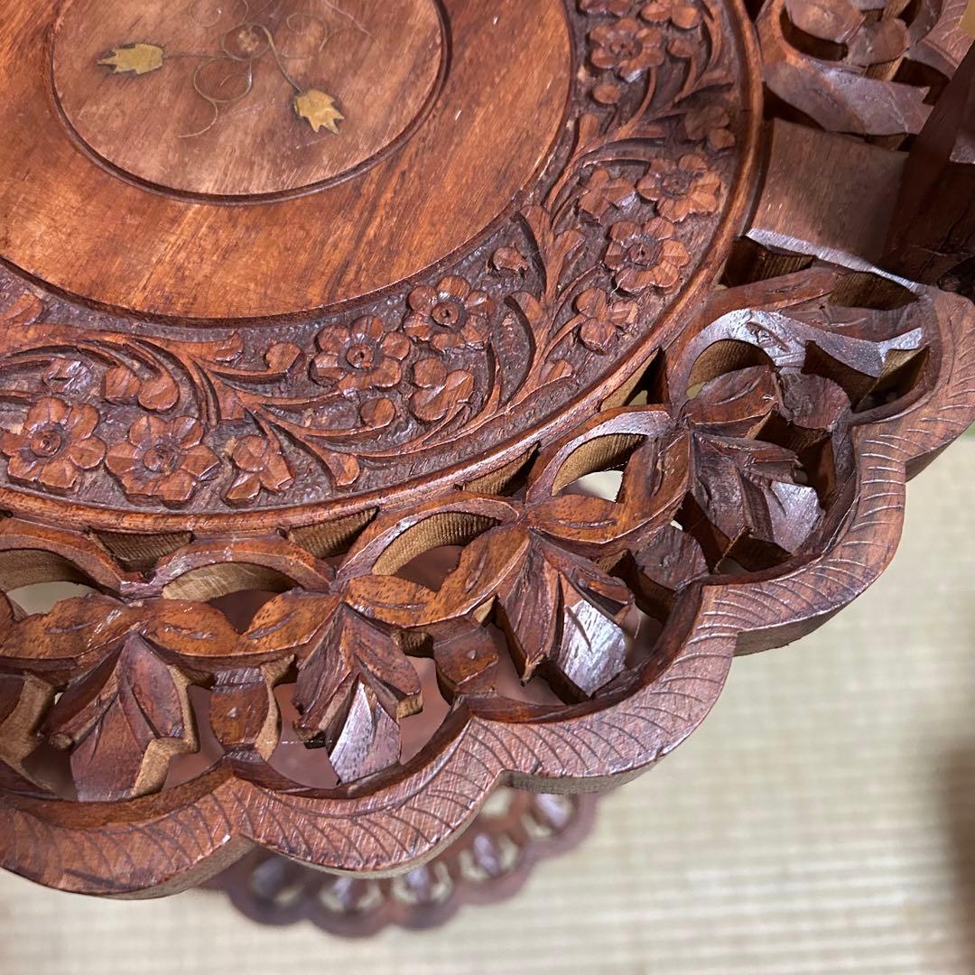 木製2段シェルフ【象嵌細工•彫刻透し彫り】サイドテーブル　飾り棚　花台　アジアン