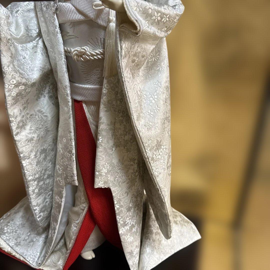 嘉美礼作 花嫁人形 白無垢 ガラスケース入り 木札・鶴飾り付き 和装人形