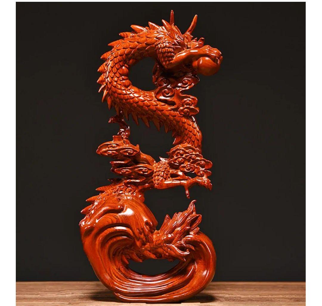 木彫り龍 昇り龍 置物 風水 龍神 辰年 金運 幸運祈願 高さ38cm