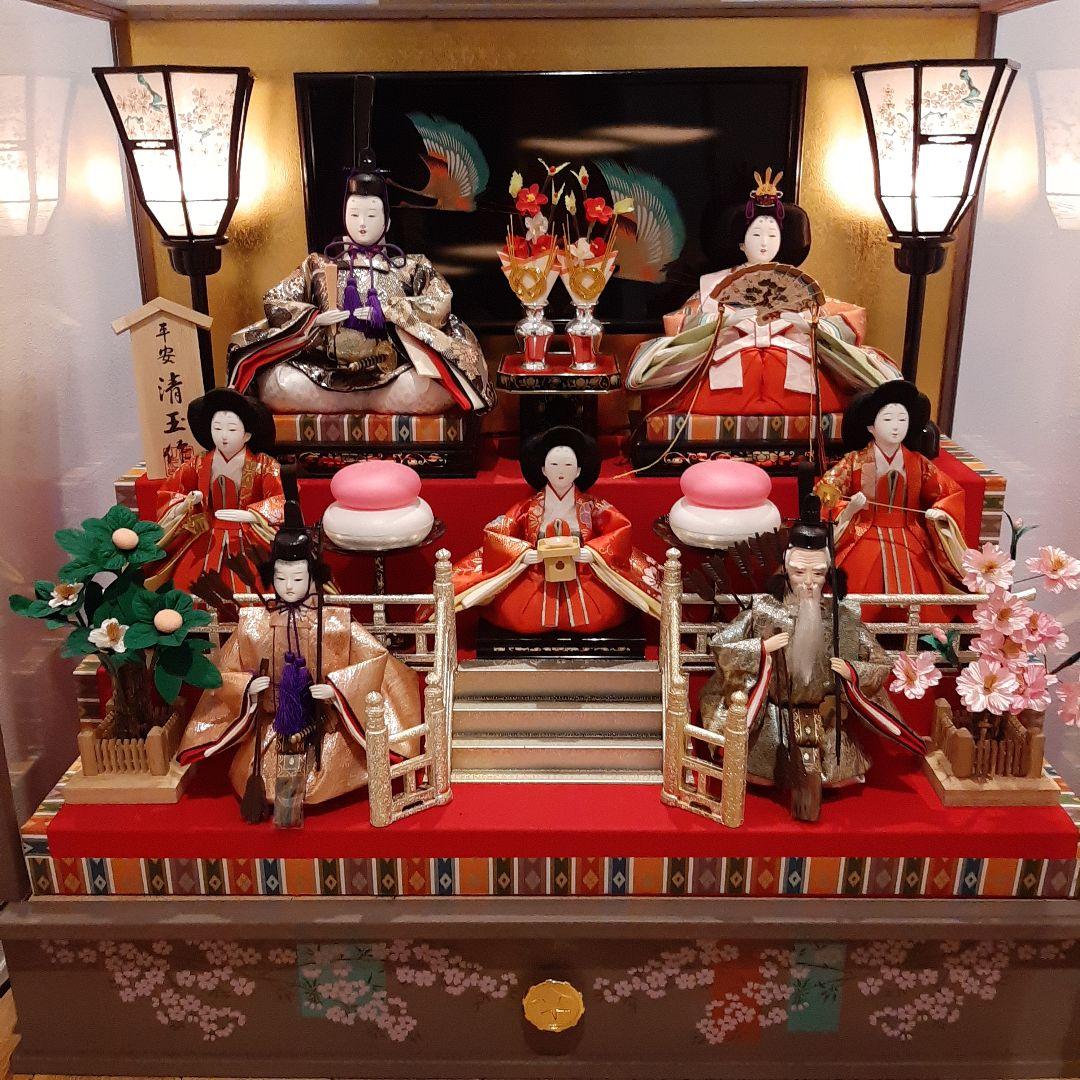 雛人形セット ガラスケース付き　三段飾り　七人飾り　お雛様　平安清玉作