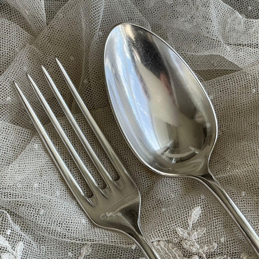 【C-２】フランスアンティーク　すずらん　１組　スプーン＆フォーク　モノグラム