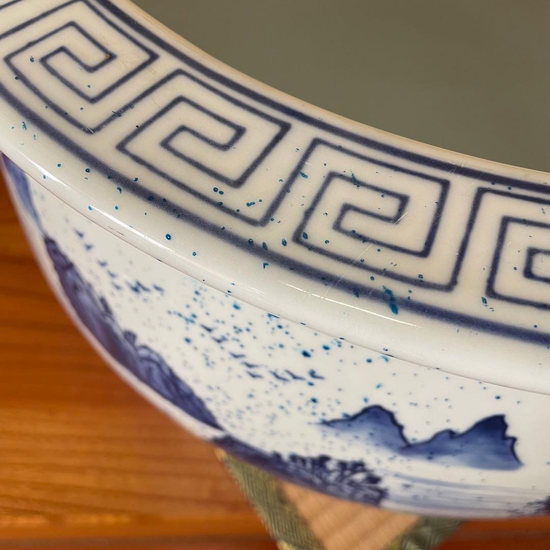 染付 山水図 火鉢 陶器 メダカ鉢 金魚鉢 睡蓮鉢 骨董品