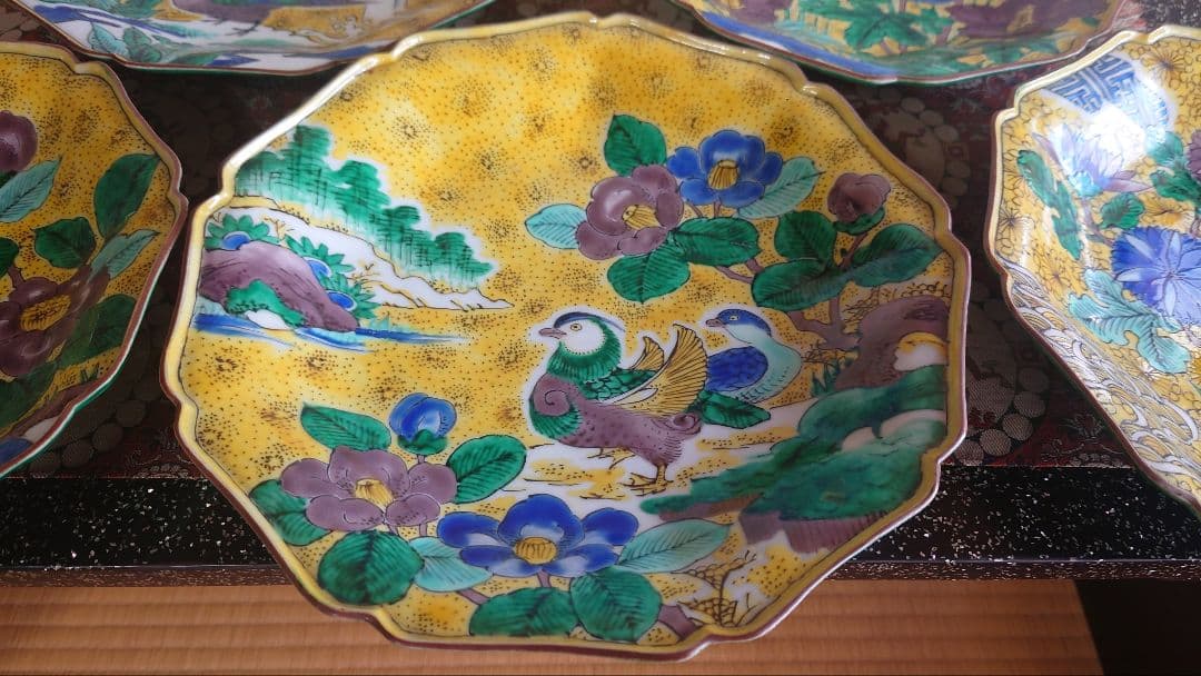 有田焼　角福花鳥絵図中皿五枚組