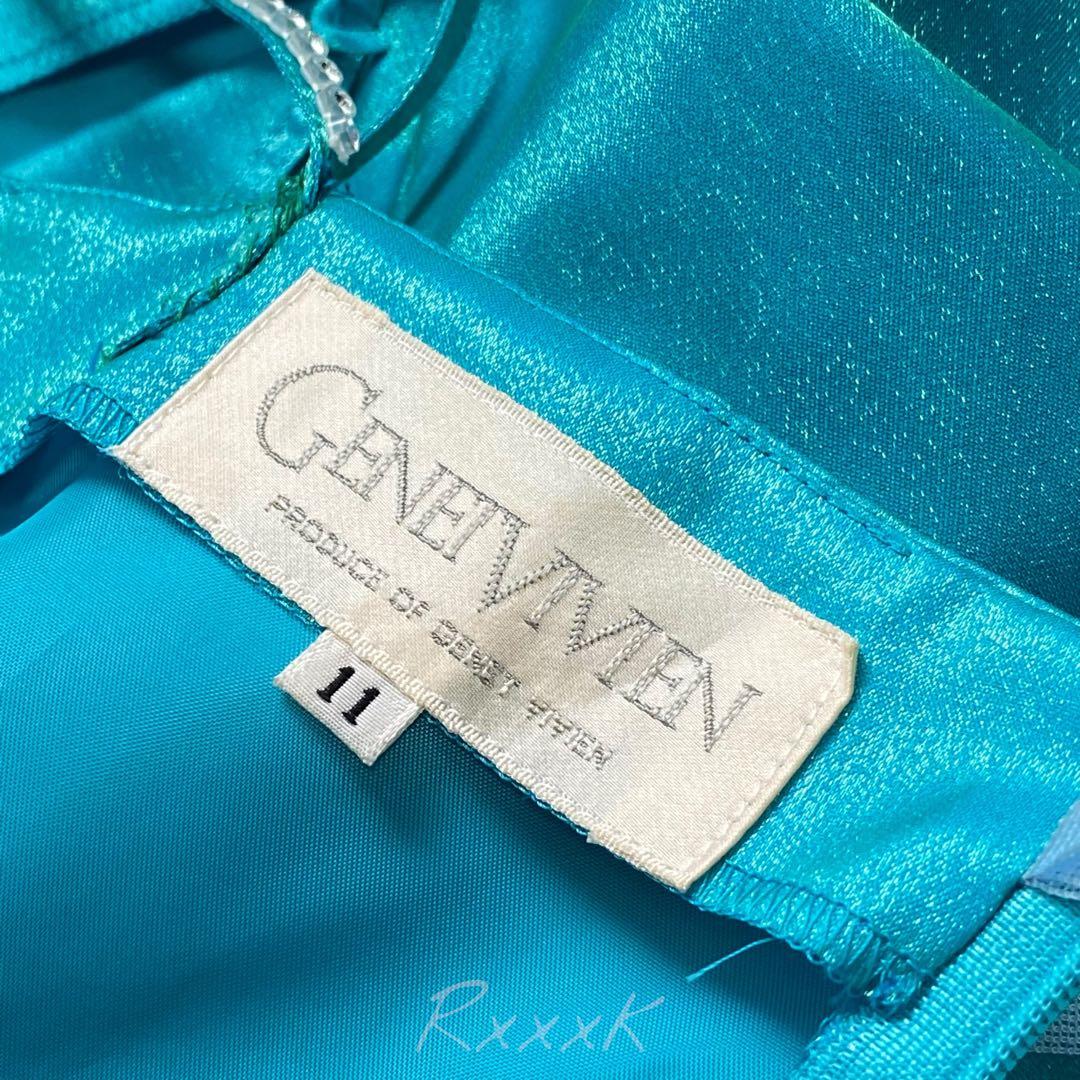 ジュネビビアン 高級 ロングドレス 演奏会 アシンメトリー 光沢 ブルーグリーン