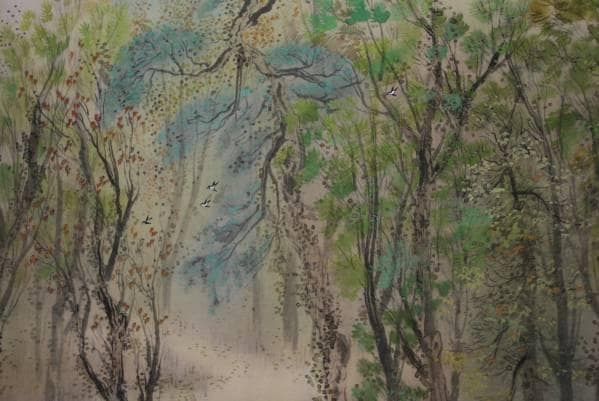 複製/松林桂月/深林小禽図/工芸/布袋屋掛軸B-353