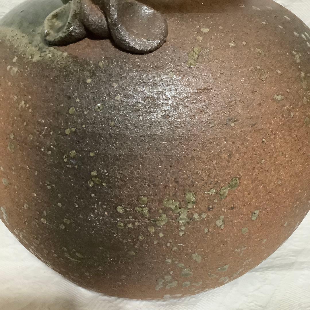 【新品　未使用】　信楽焼　「明山作」　花瓶　大型　取手茶道具　桐箱入り