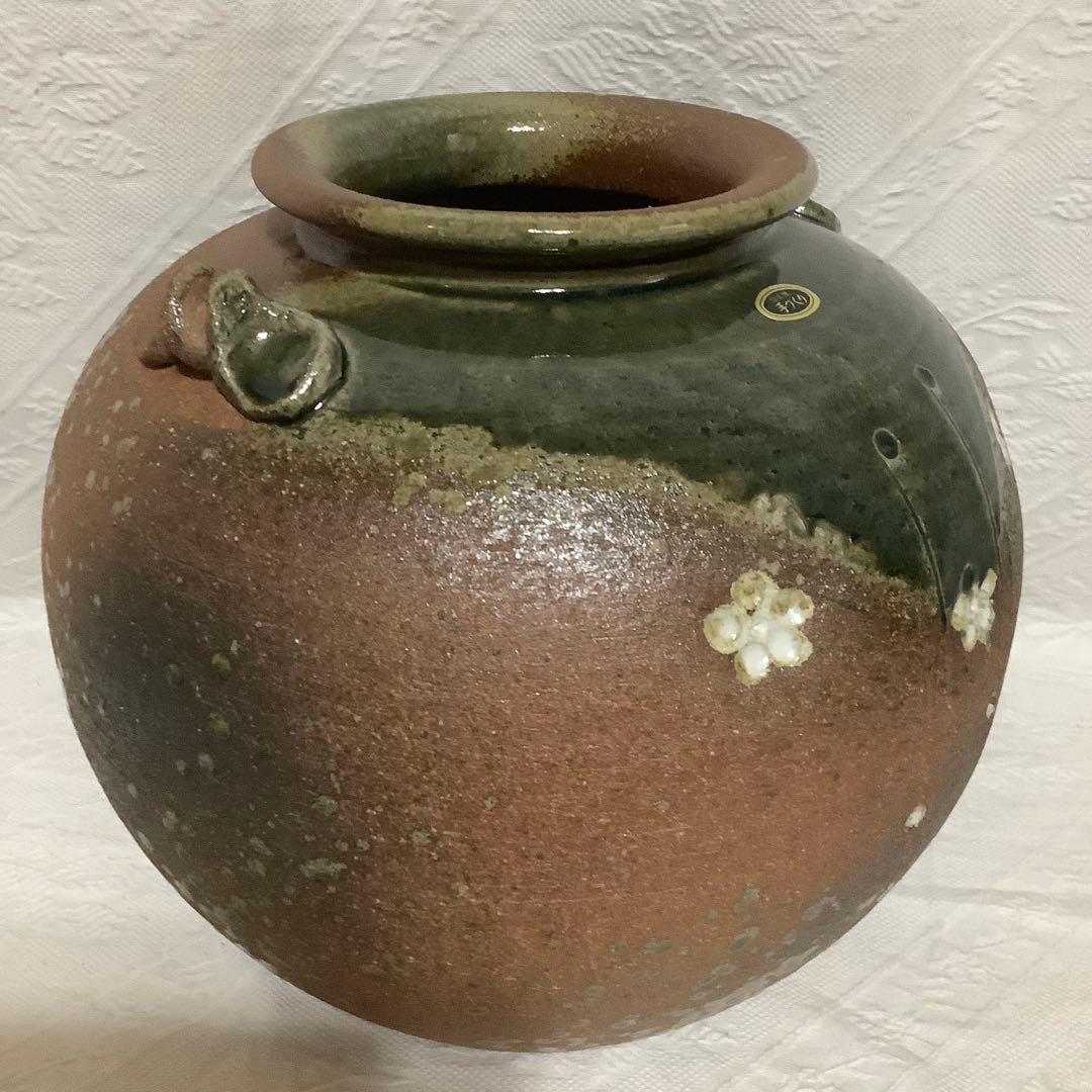 【新品　未使用】　信楽焼　「明山作」　花瓶　大型　取手茶道具　桐箱入り