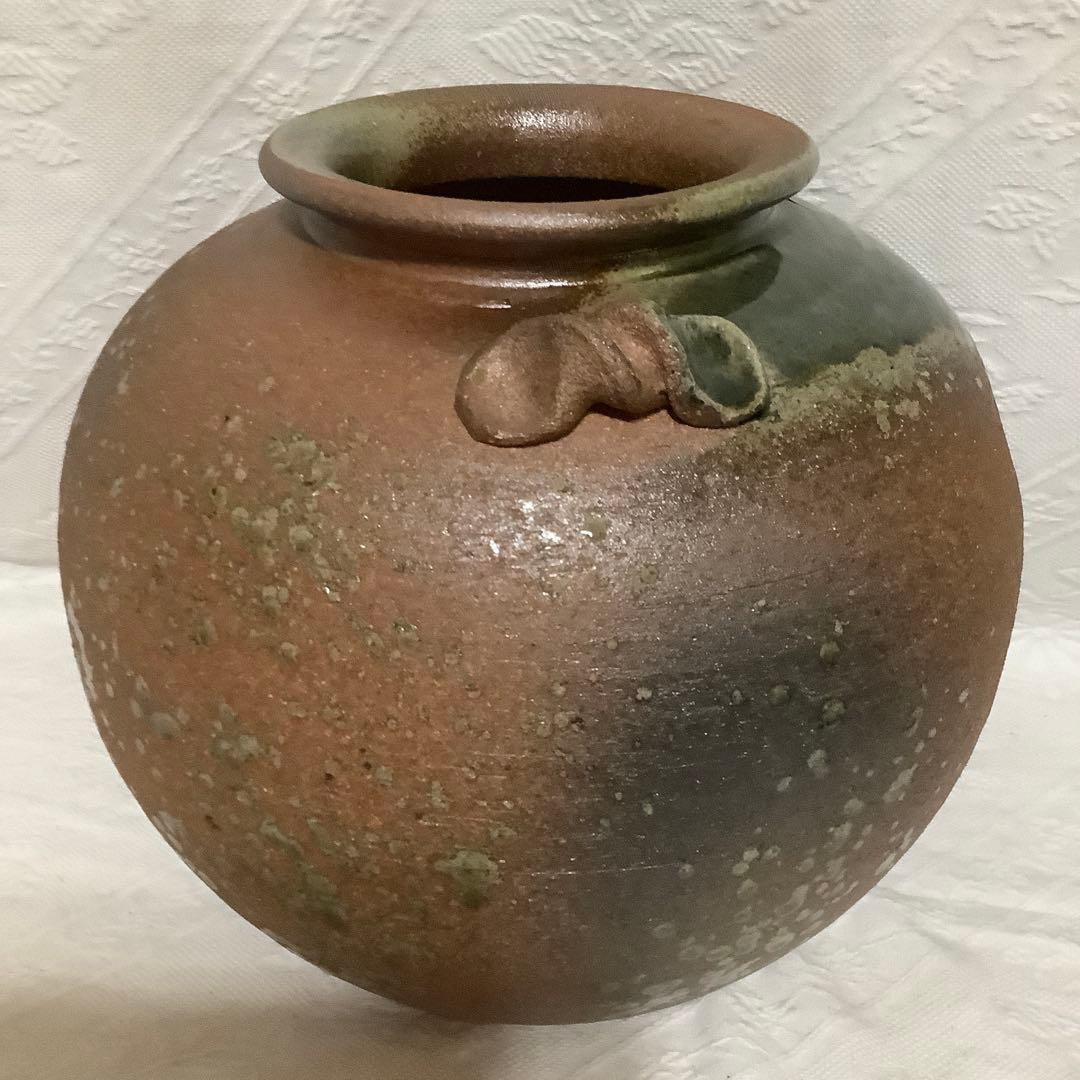 【新品　未使用】　信楽焼　「明山作」　花瓶　大型　取手茶道具　桐箱入り