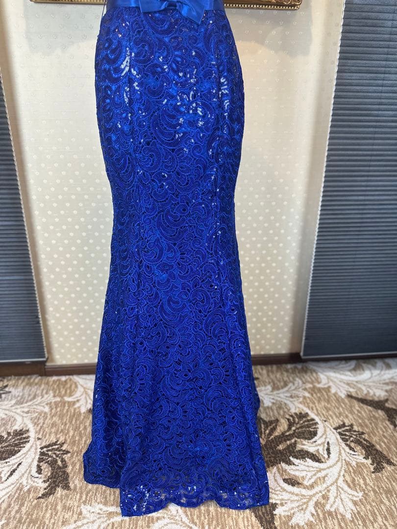 青色レーススパンコール刺繍マーメイドドレス ウエストリボン付き