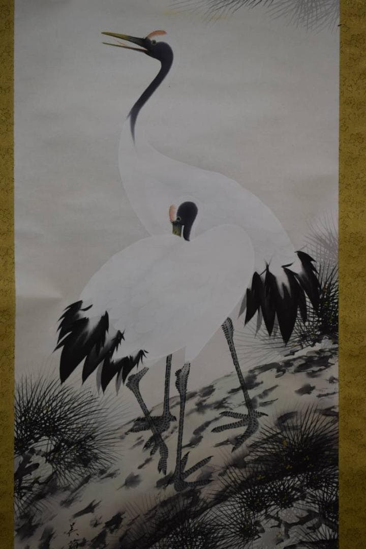 真作/美節/松上双鶴図/布袋屋掛軸HD-900