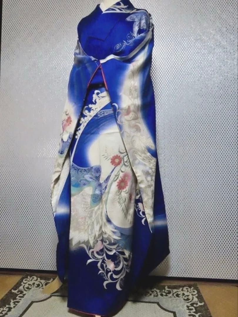 濃青　正絹振袖フルセット(5点) 袋帯・長襦袢付き！・半衿・帯揚げ　友禅　孔雀