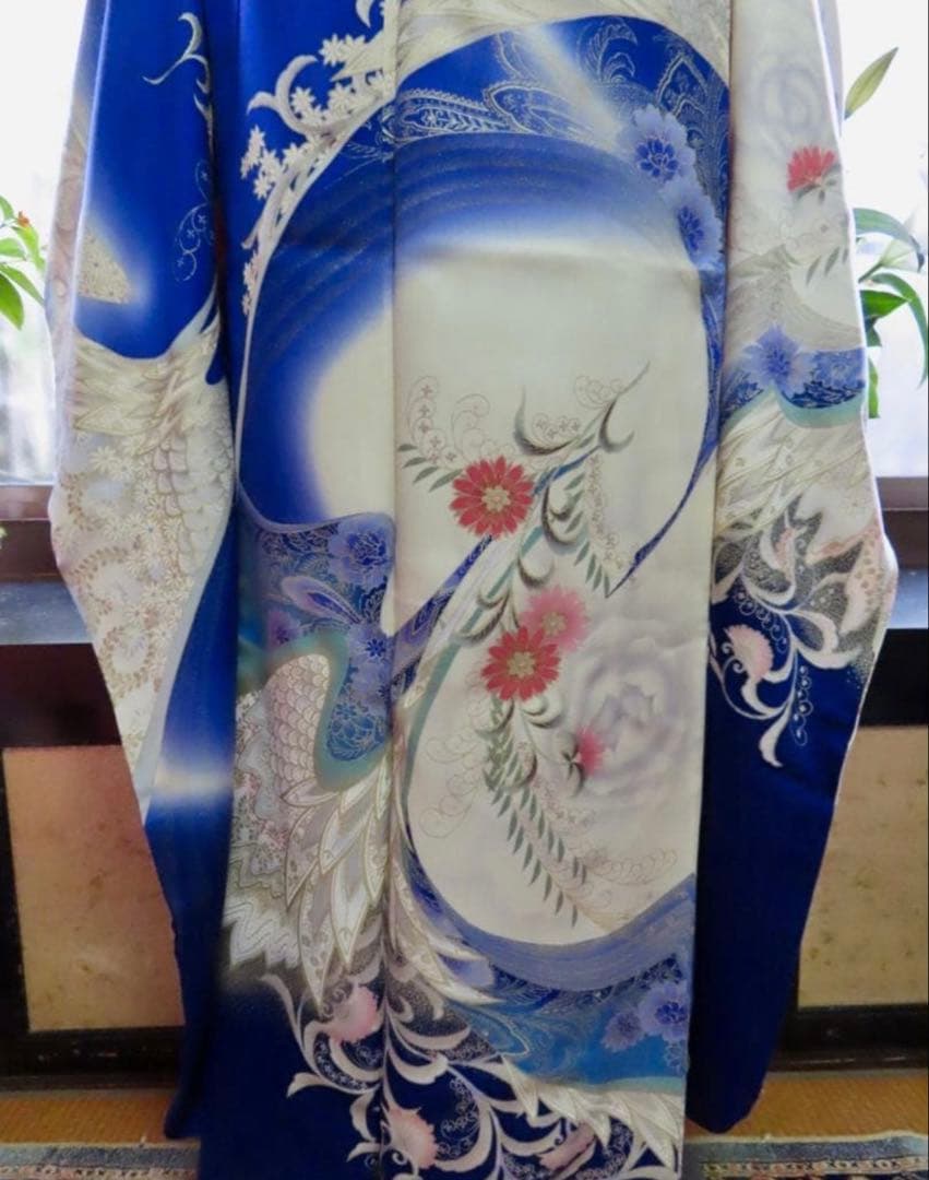 濃青　正絹振袖フルセット(5点) 袋帯・長襦袢付き！・半衿・帯揚げ　友禅　孔雀