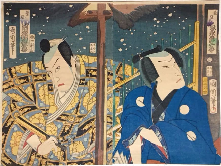 浮世絵版画、役者絵三枚綴りの真ん中と左側二枚売り、豊原国周画慶応3年出版