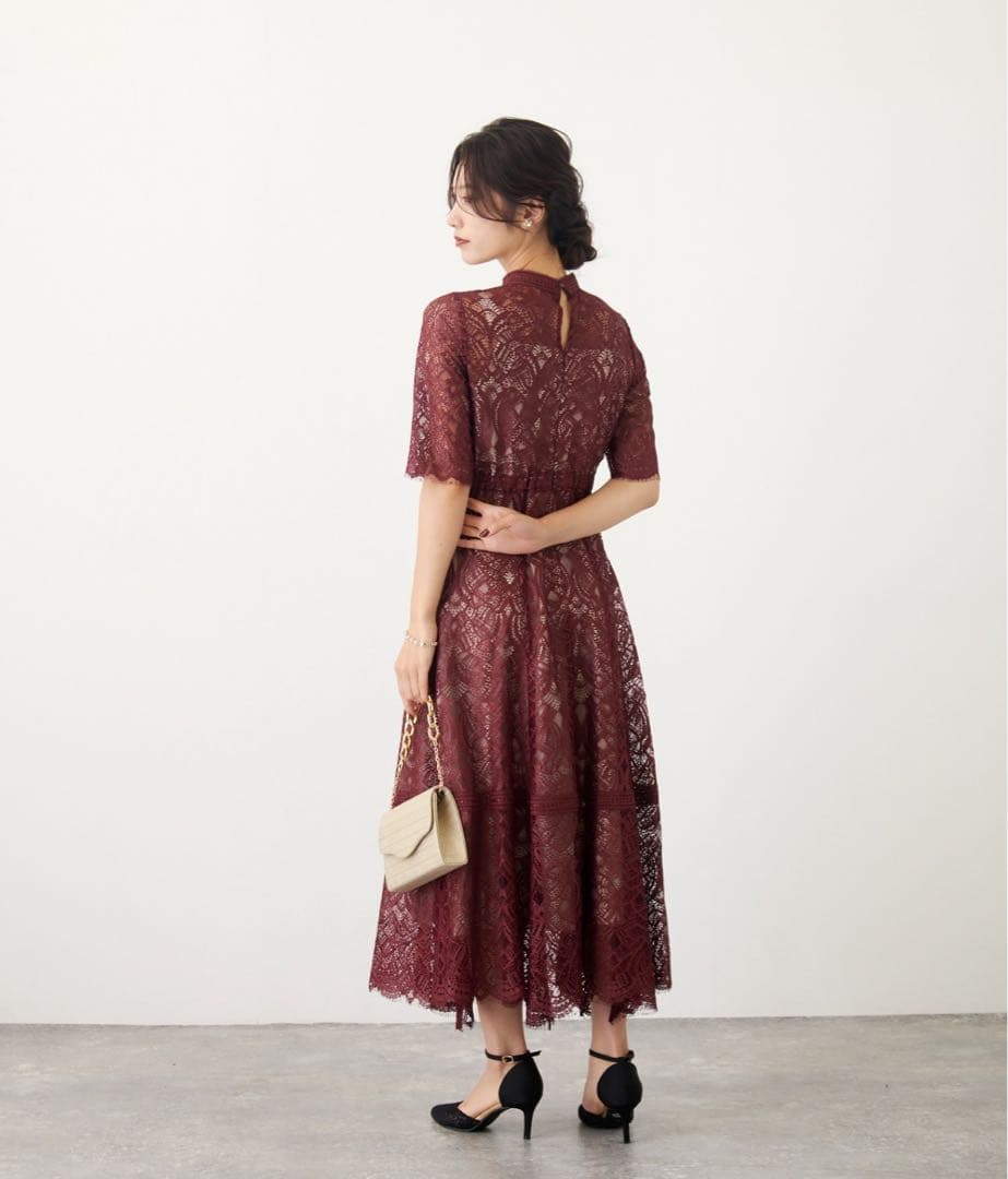 Dorry Doll 配色レース×ハシゴレース切り替えワンピースドレス ボルドー