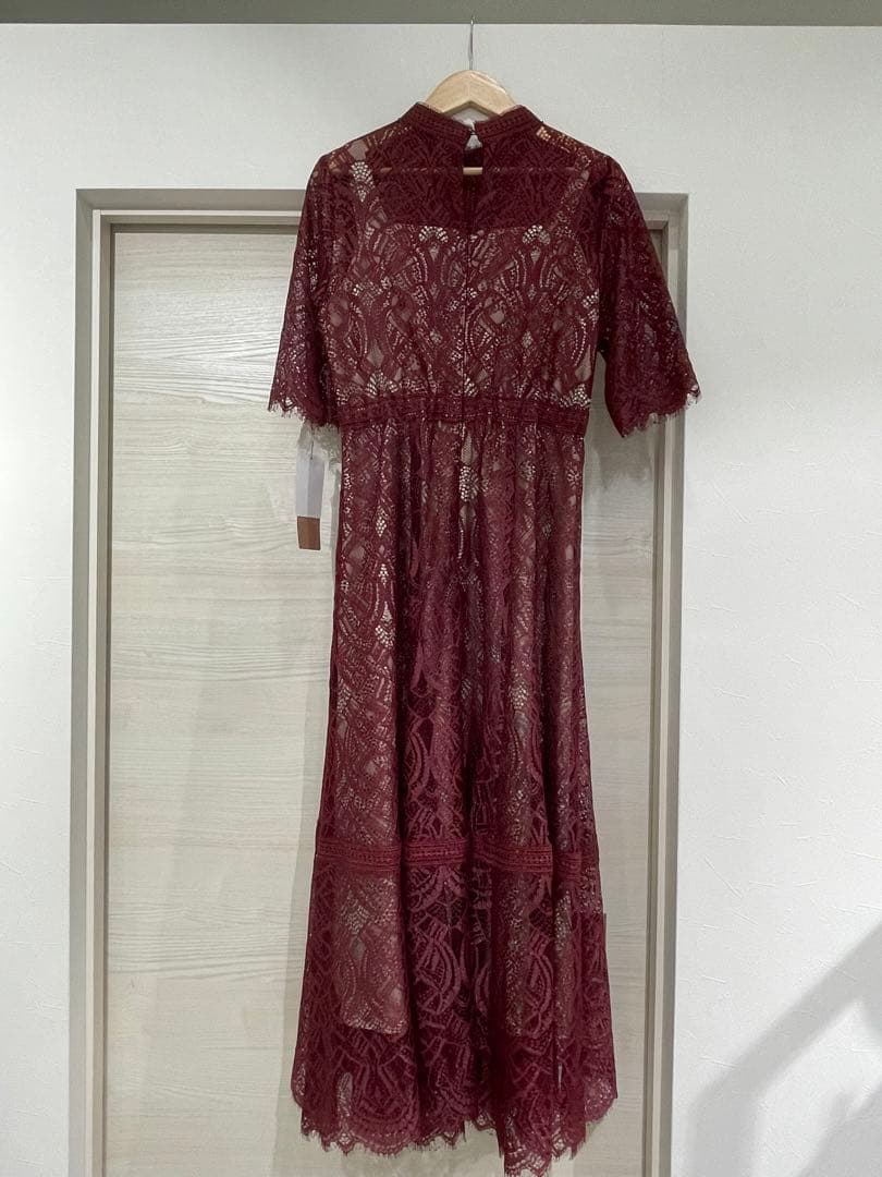 Dorry Doll 配色レース×ハシゴレース切り替えワンピースドレス ボルドー