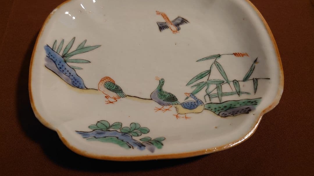 古九谷　九谷焼　芦かもの図　葉皿　　アンティーク九谷焼　１客