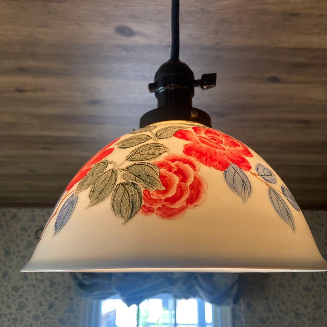 アンティーク照明　電笠　薔薇絵付　磁器シェード　ペンダントライト